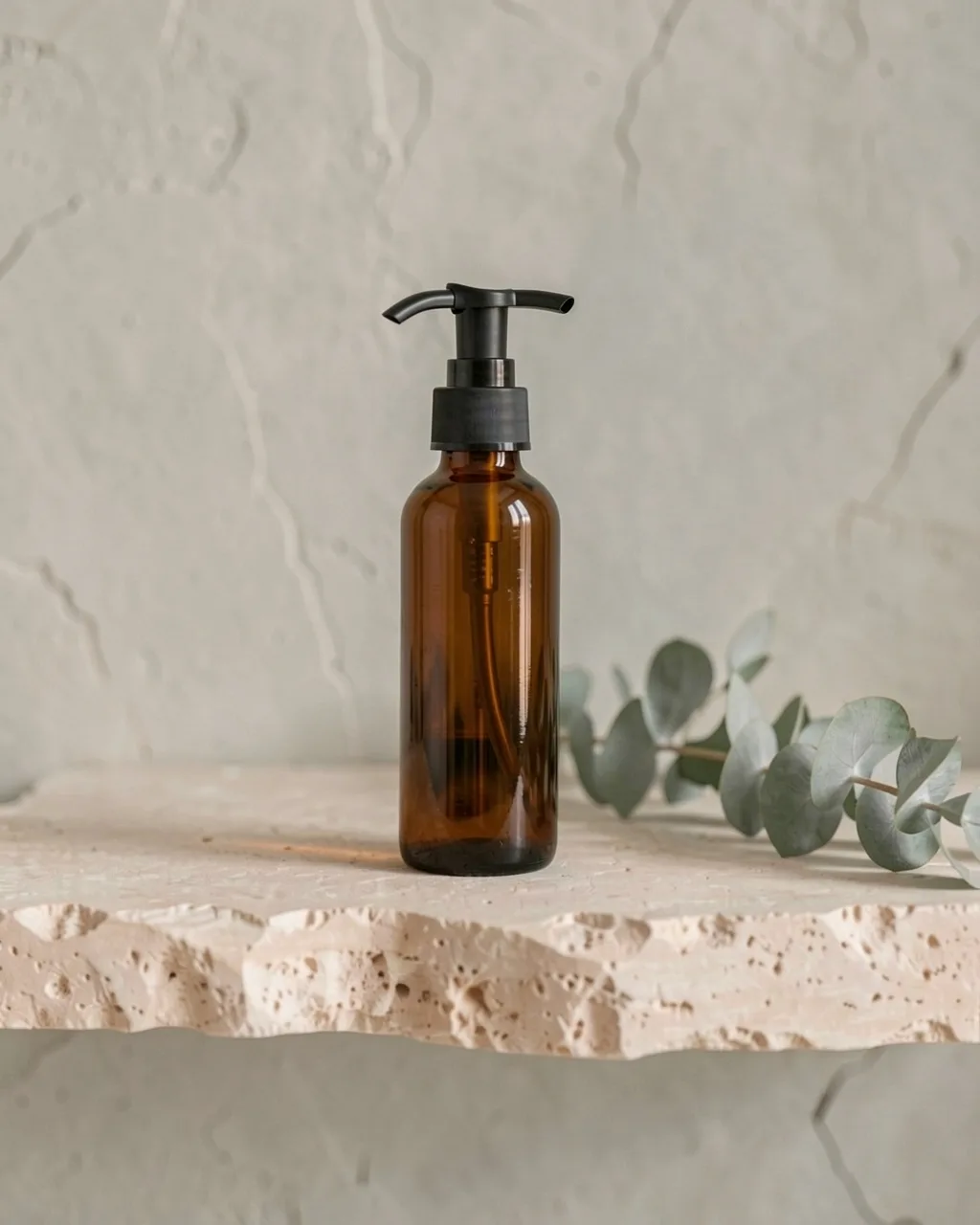 The body wash in an amber pump bottle