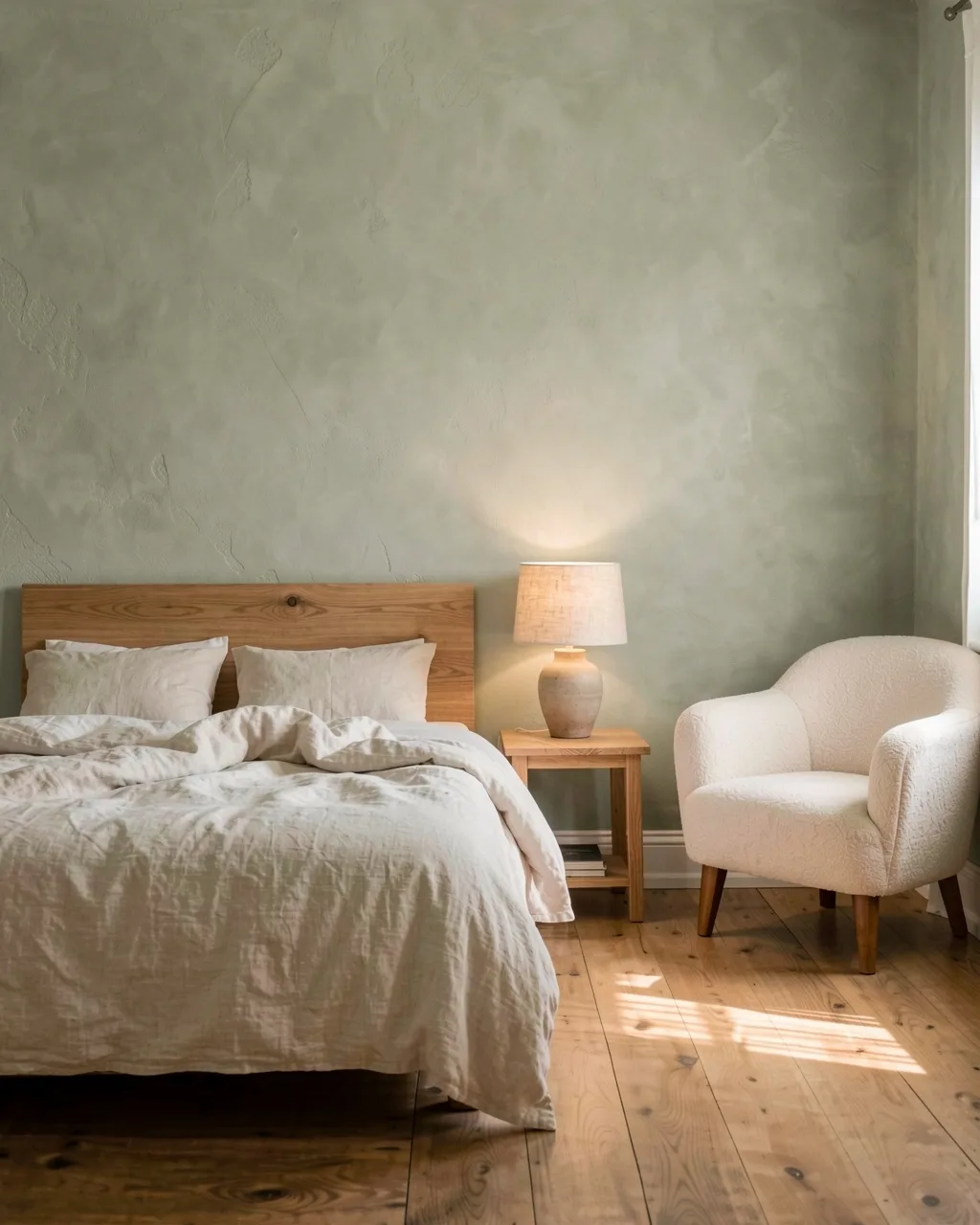 A hotel bedroom with an oak headboard, linen bedding and a cream armchair