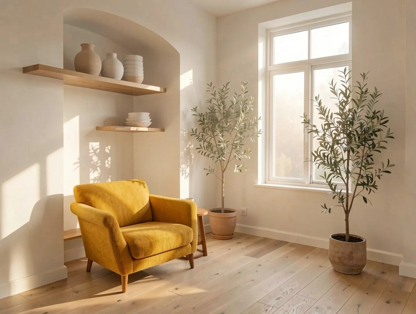 A living room with alcove shelves and fresh warm white walls