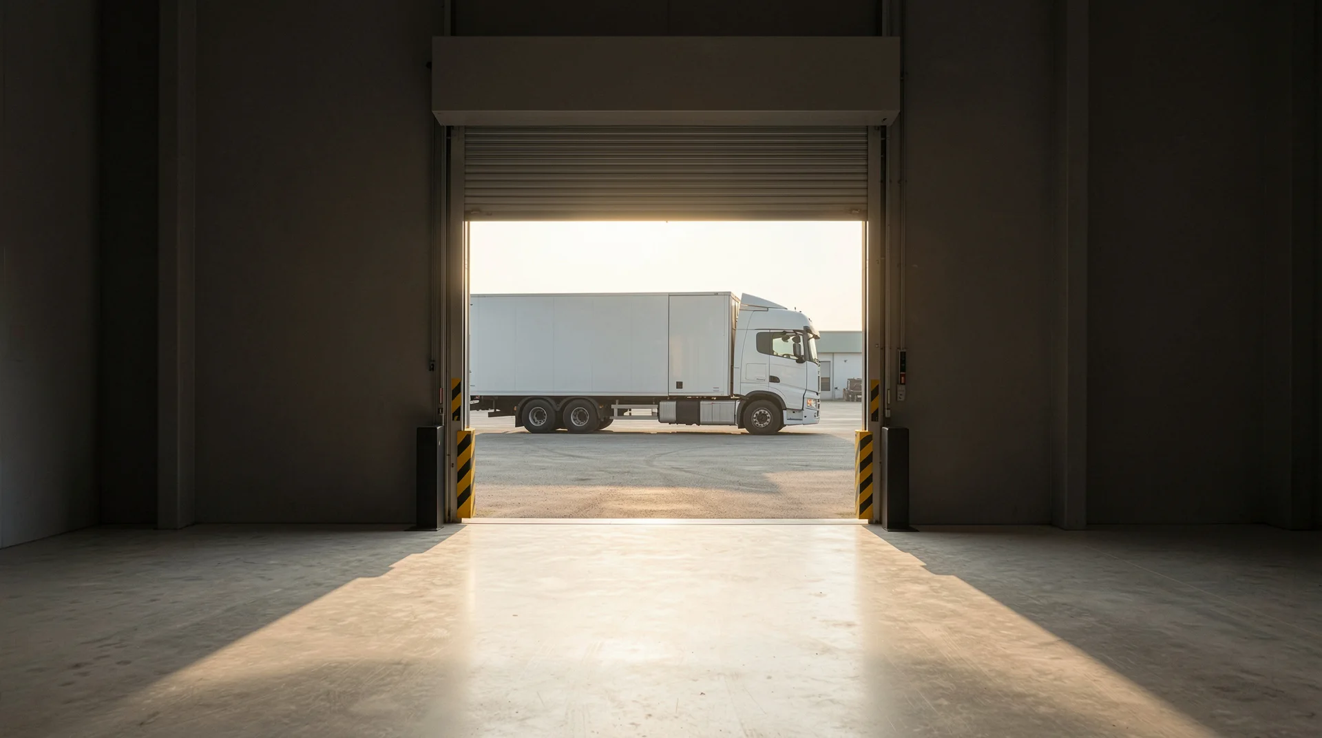 An open loading-dock door in a dim warehouse, a white lorry in the sunlit yard beyond and morning light across the floor