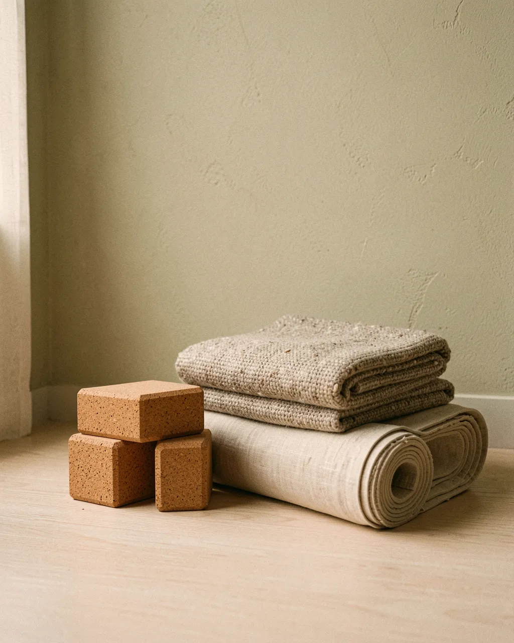 Cork blocks, a folded wool blanket and a rolled linen mat on the oak floor