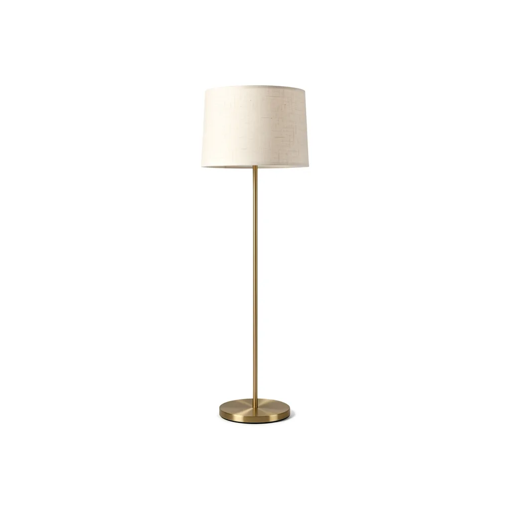 A brass floor lamp with a linen shade
