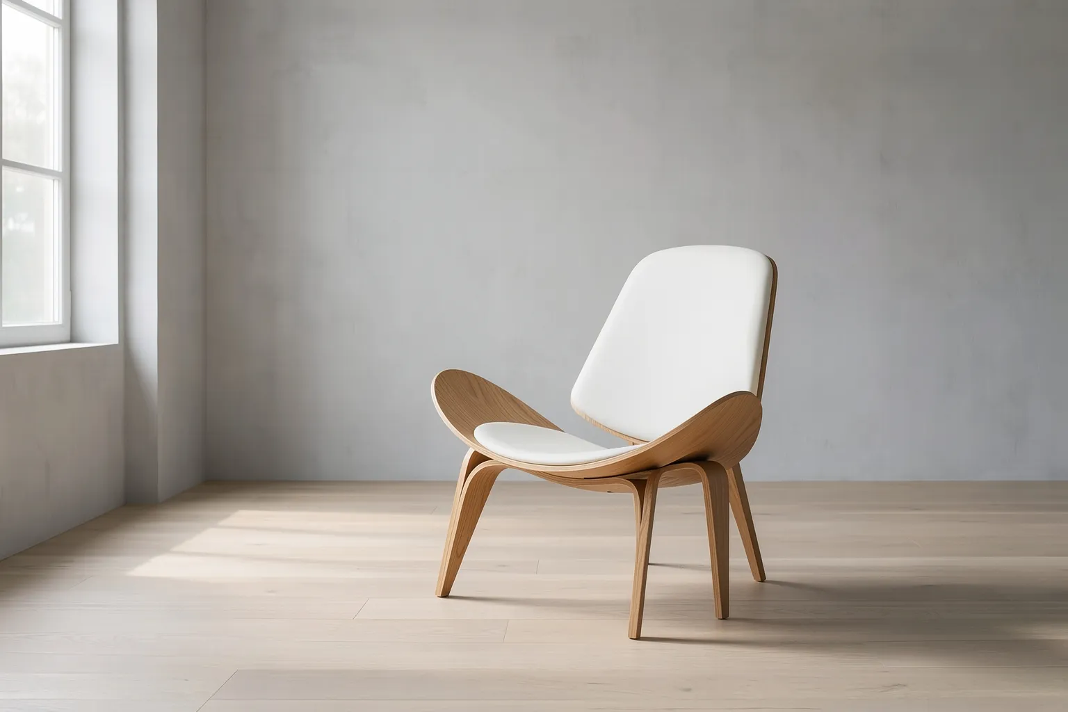 The shell chair in a pale room by a window