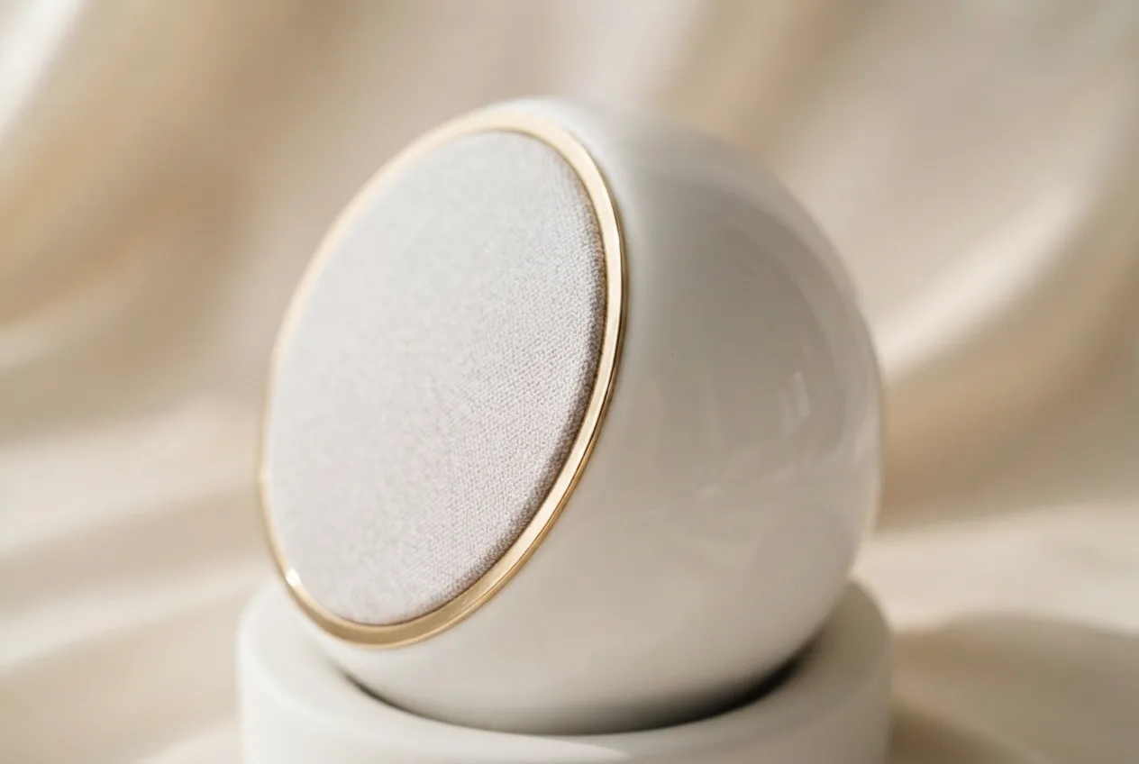 The brass ring and the grey fabric of the One, up close