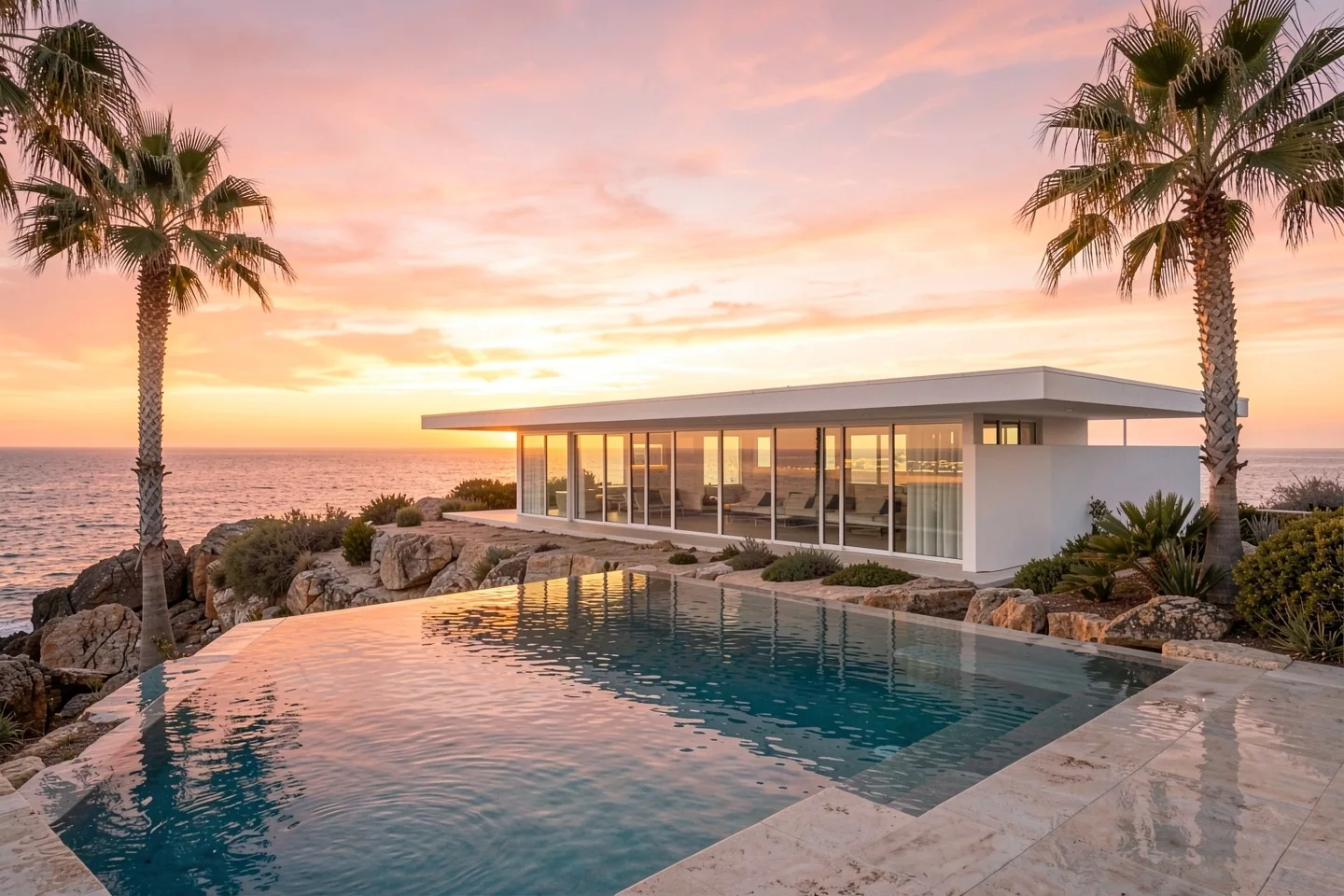 A low white house above the sea at sunset