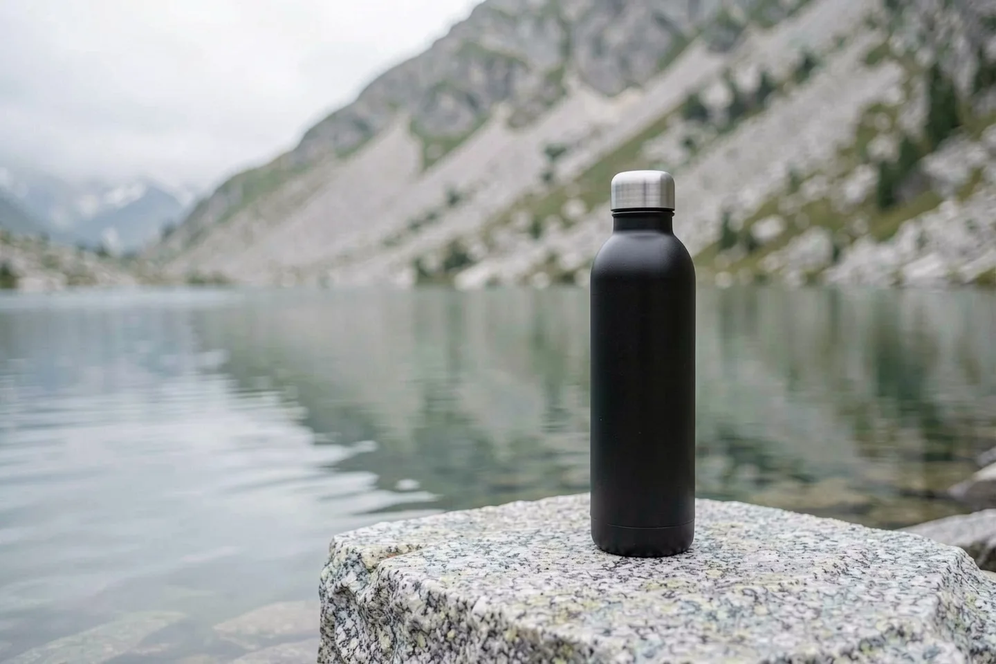 The black water bottle on a granite rock beside a mountain lake