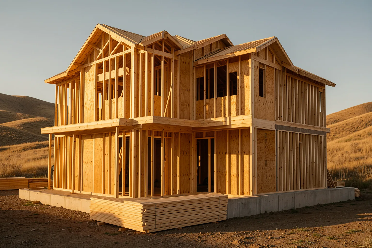 A new two-storey house in timber framing on a lot below the foothills