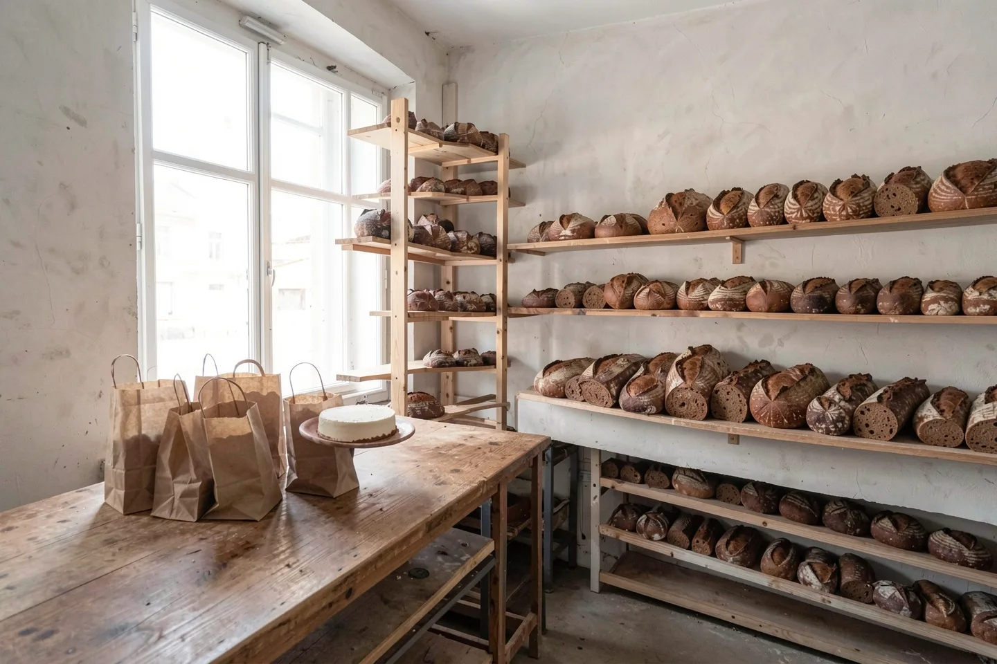 The bakery room with loaves on the shelves and paper bags on the counter