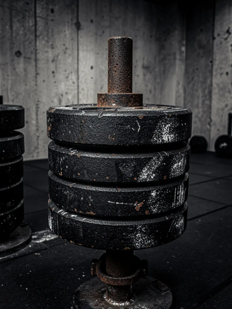 A stack of worn iron plates on a peg