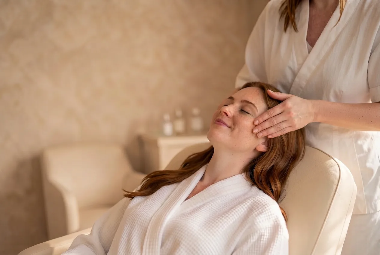 A clinician massaging a patient's temples during a facial