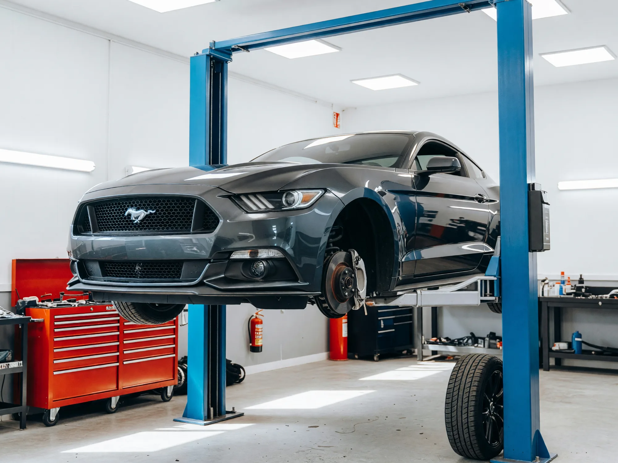 A grey 2016 Ford Mustang raised on a two-post lift, its front left wheel off