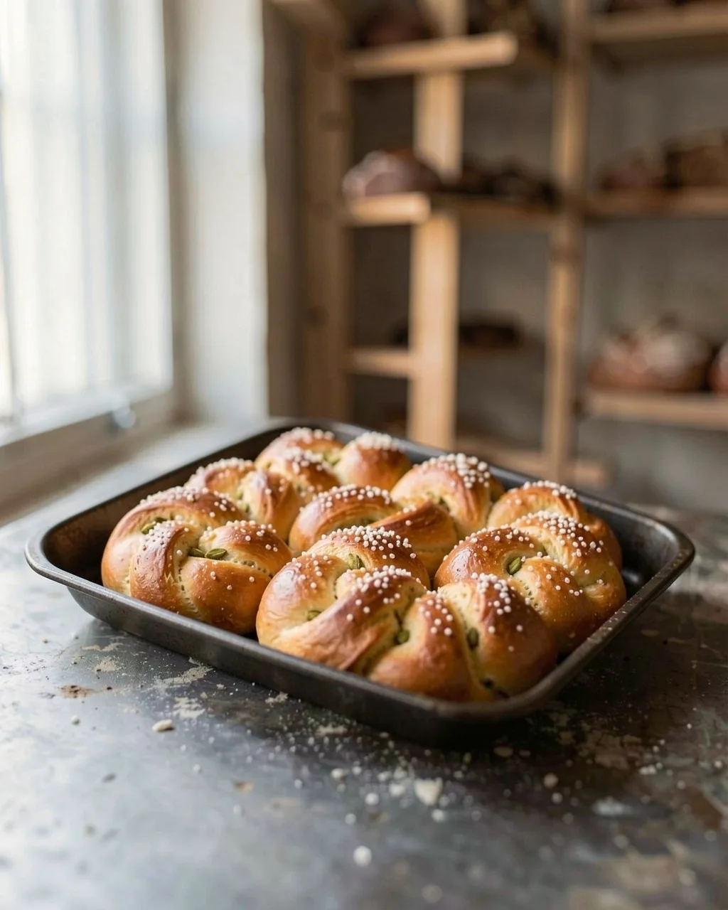 A tray of glazed cardamom knots with pearl sugar