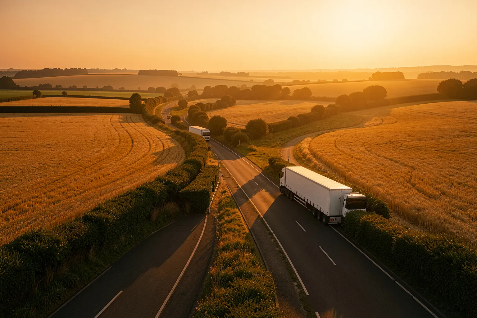 A lorry on a dual carriageway through fields