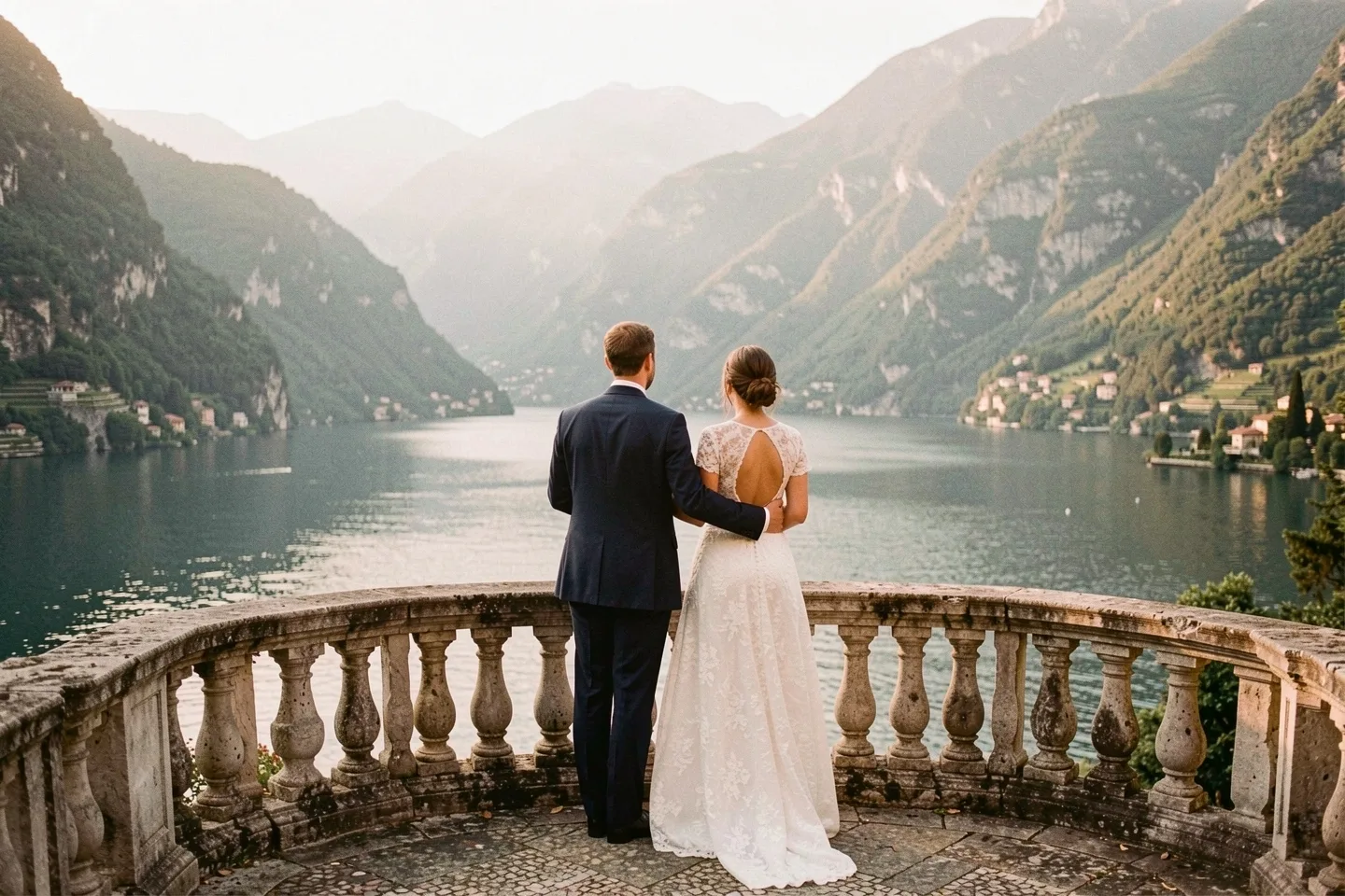 A couple on a villa terrace above Lake Como
