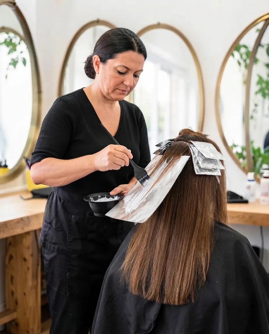 June brushing lightener onto a section of hair