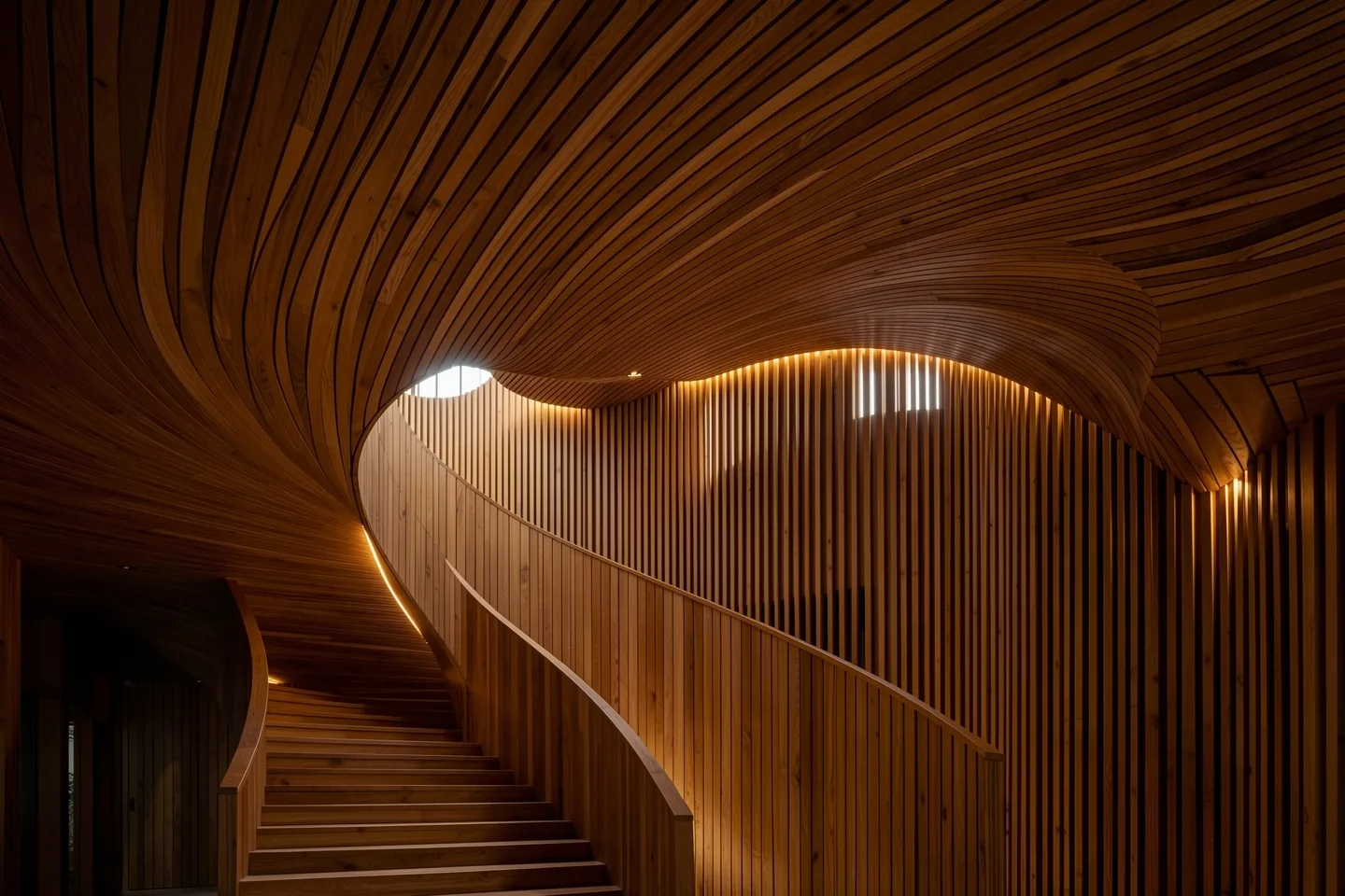 A curved oak ceiling over a stair, lit by a hidden strip of warm light