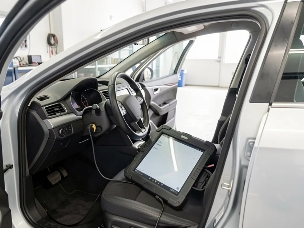 A diagnostic tablet on the driver's seat, plugged in under the dashboard