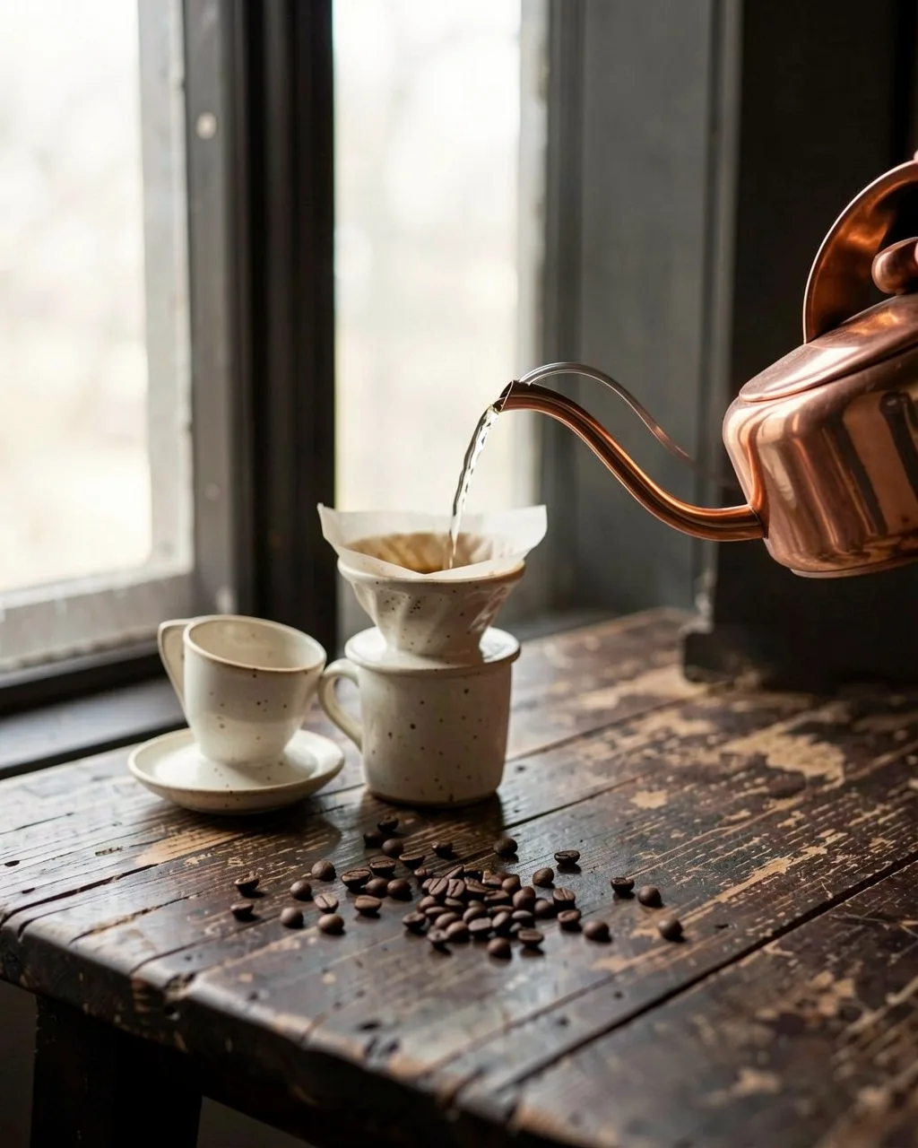 Water poured from a copper kettle into a ceramic dripper on a cup