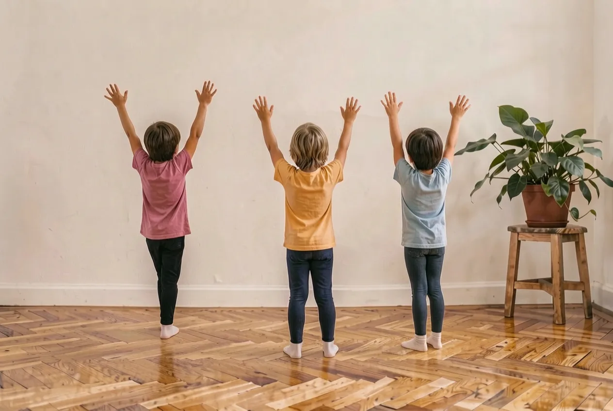 Three children from behind with their arms up in the front room