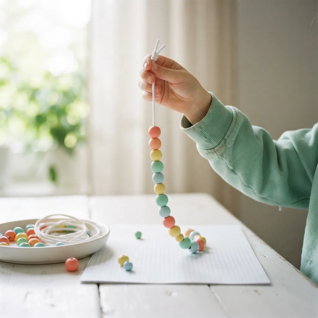 A child's hand holding up a cord of pastel wooden beads