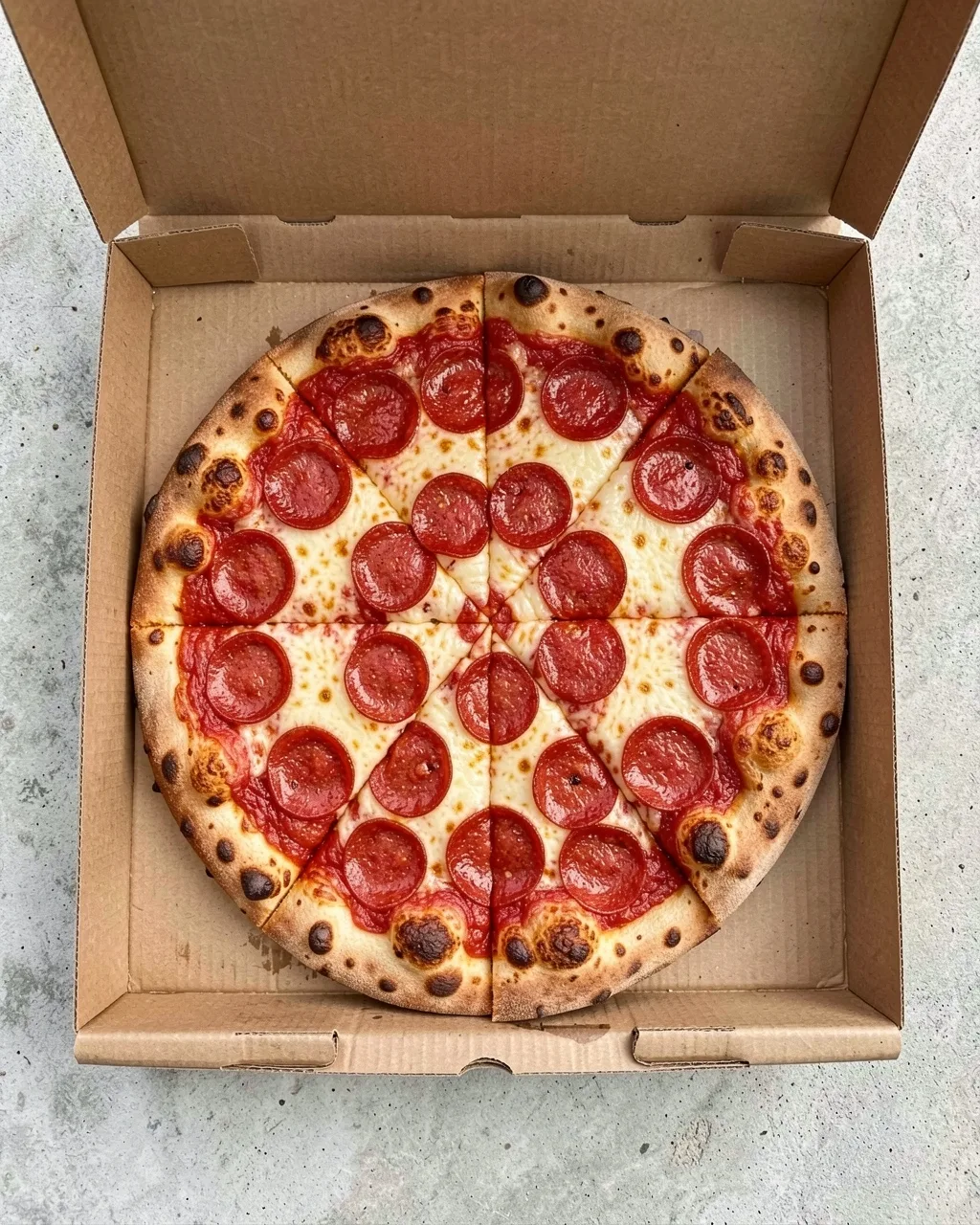 A whole pepperoni pie in an open box