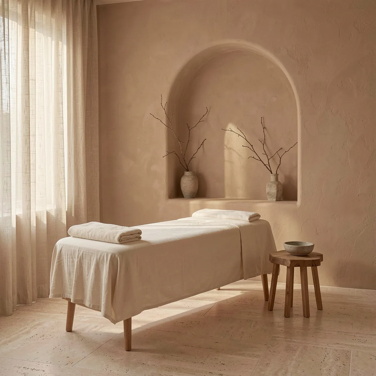 A treatment bed made up in linen before an arched niche