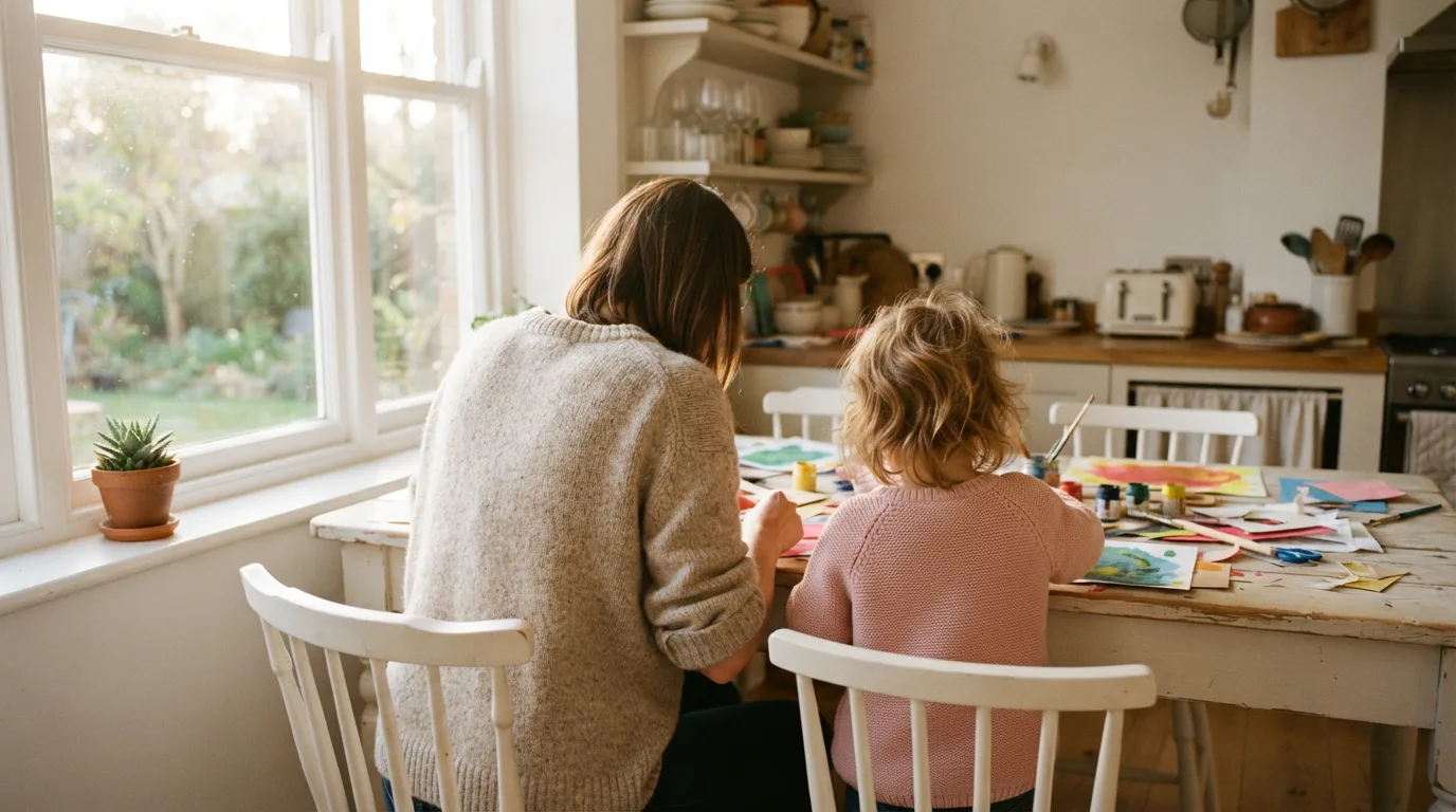 A parent and child at a kitchen table with coloured paper and paint