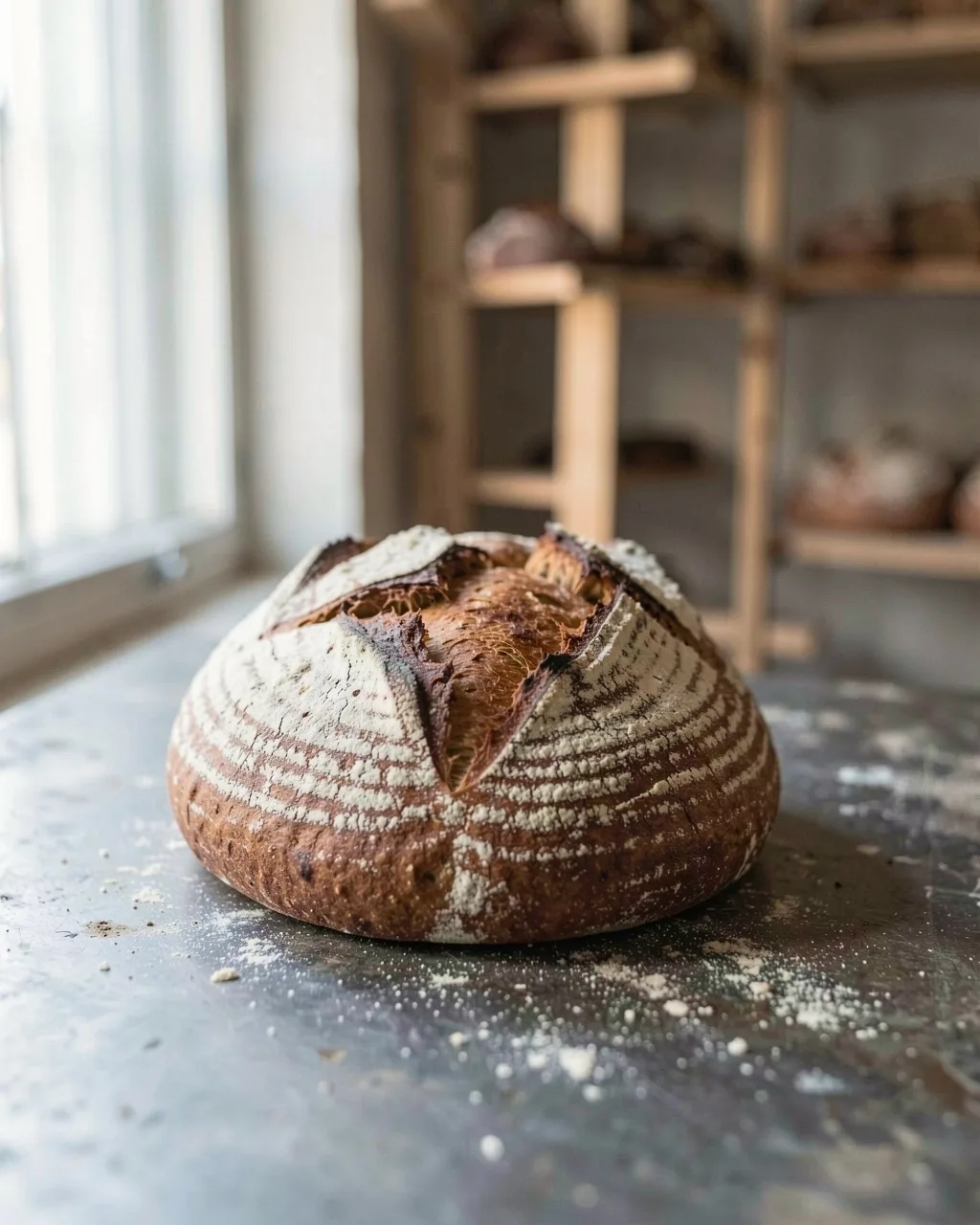 A floured country sourdough loaf on the steel counter