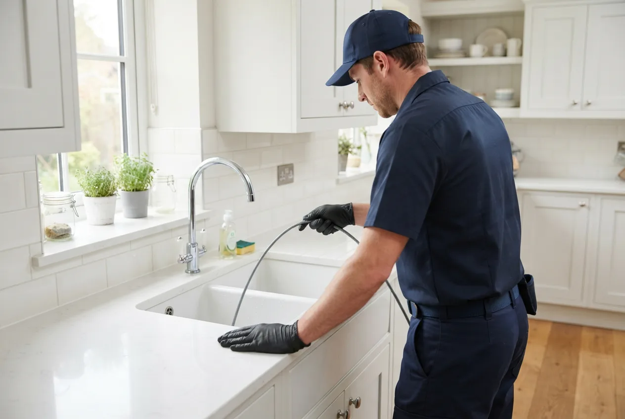 A drain cable fed into a kitchen sink