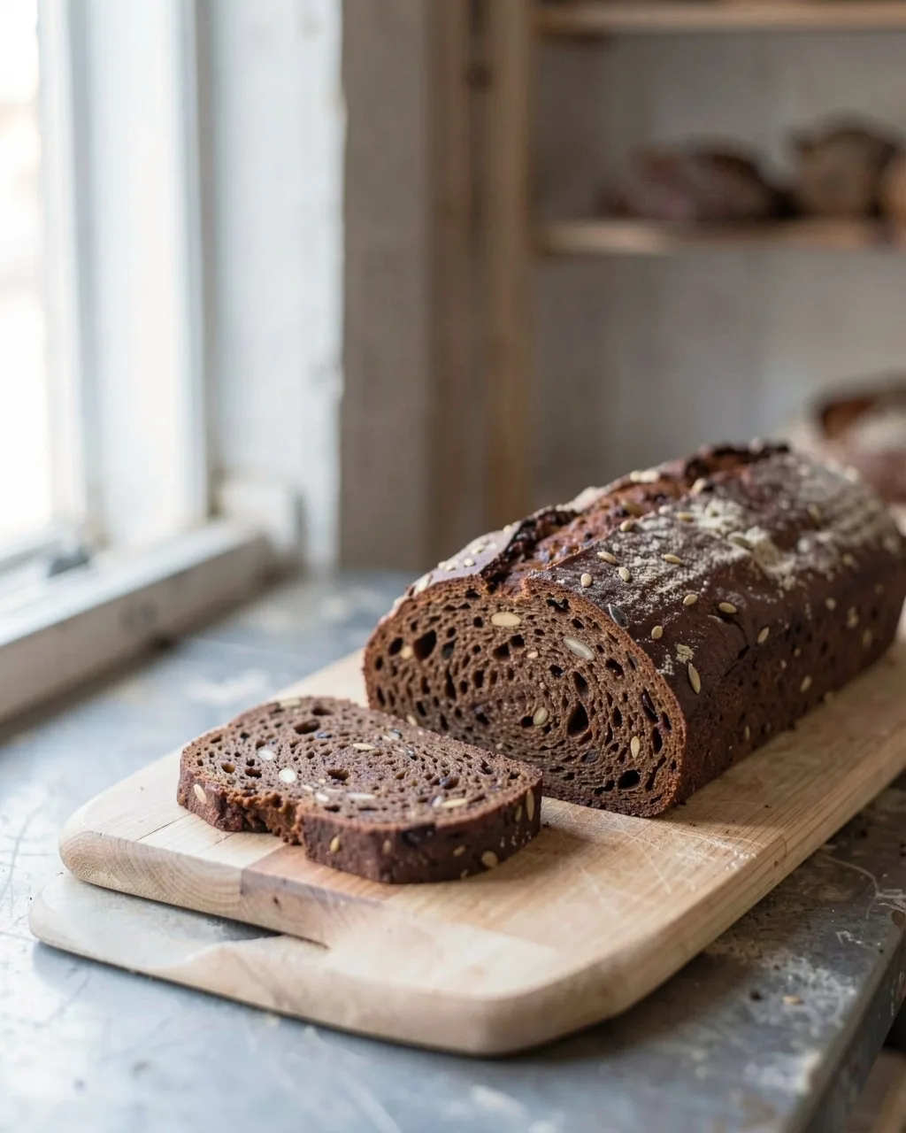 A dark seeded rye loaf, two slices cut, on a wooden board