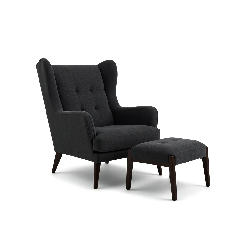 The Linnea lounge chair and footstool in charcoal wool