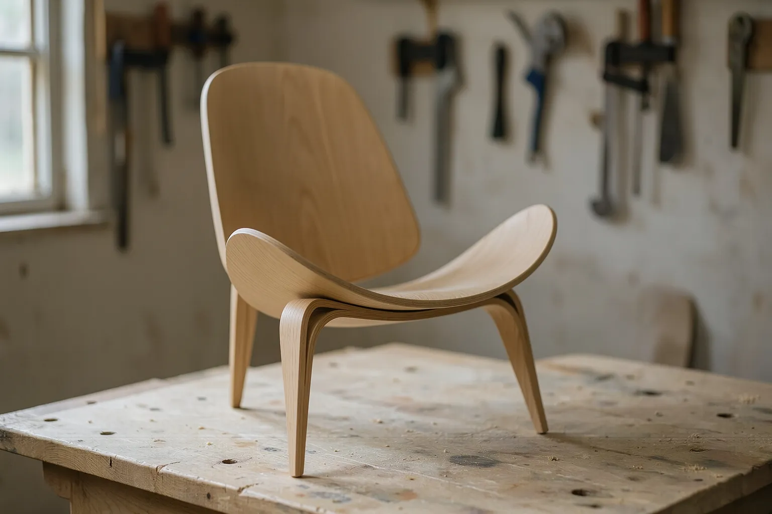 A chair on the workbench, before its leather