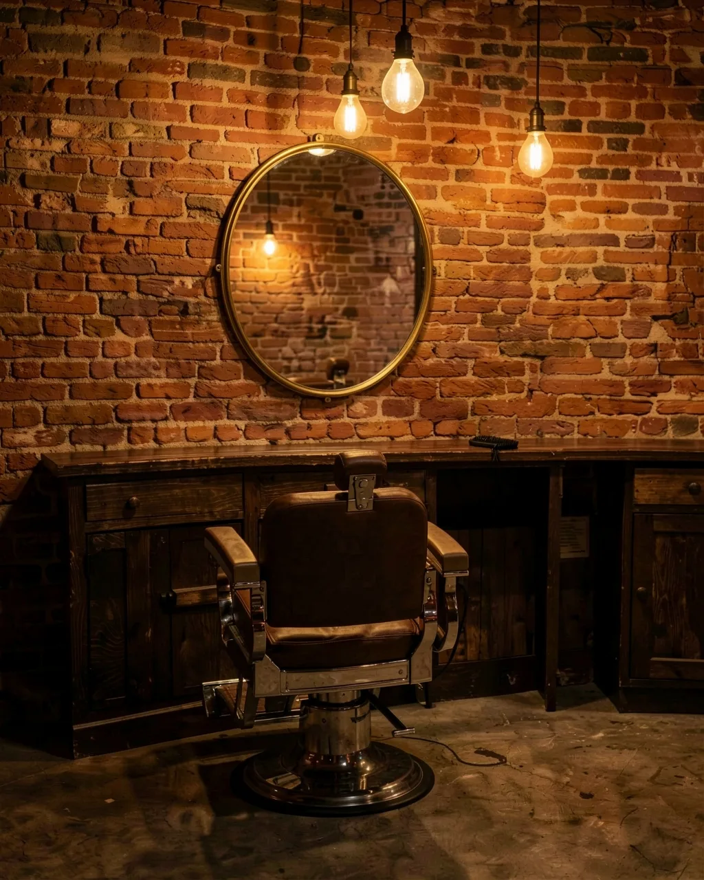 A barber chair under a bare bulb, ready