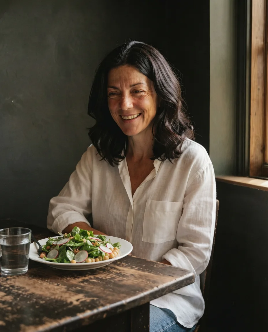 Nadia laughing over a plate of leaves, radish and chickpeas