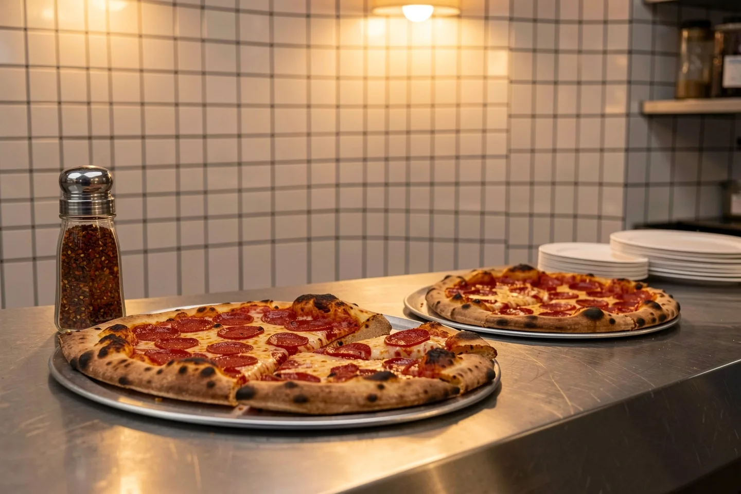 Pepperoni pies on the steel counter by a tiled wall