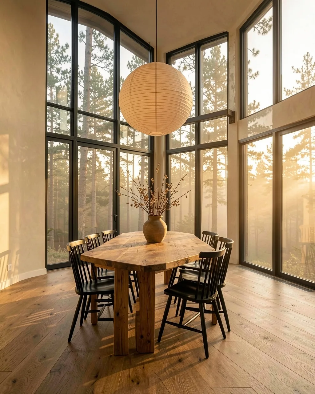 An oak dining table under a paper lamp in a double-height room