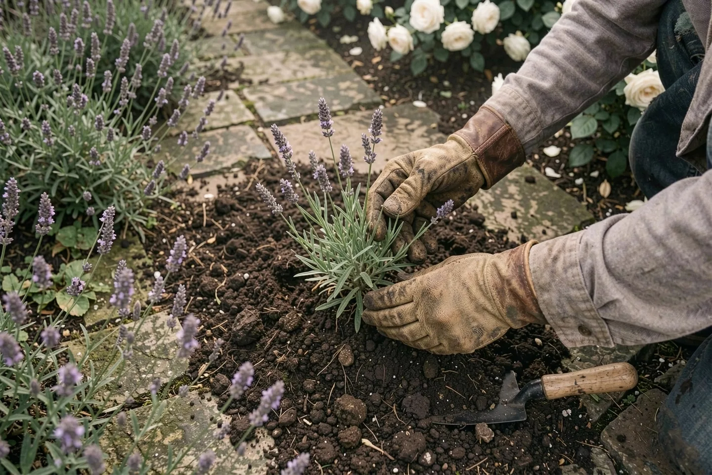 Gloved hands setting a young lavender plant into a border