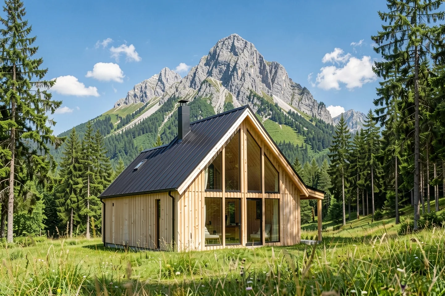 Macesen on the meadow in summer, a rocky peak behind it