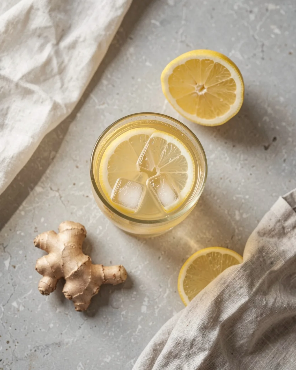 A glass of ginger and lemon soda with ice, fresh ginger and a cut lemon