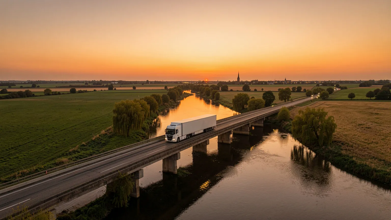One of our lorries crossing a river bridge in flat farmland at dusk
