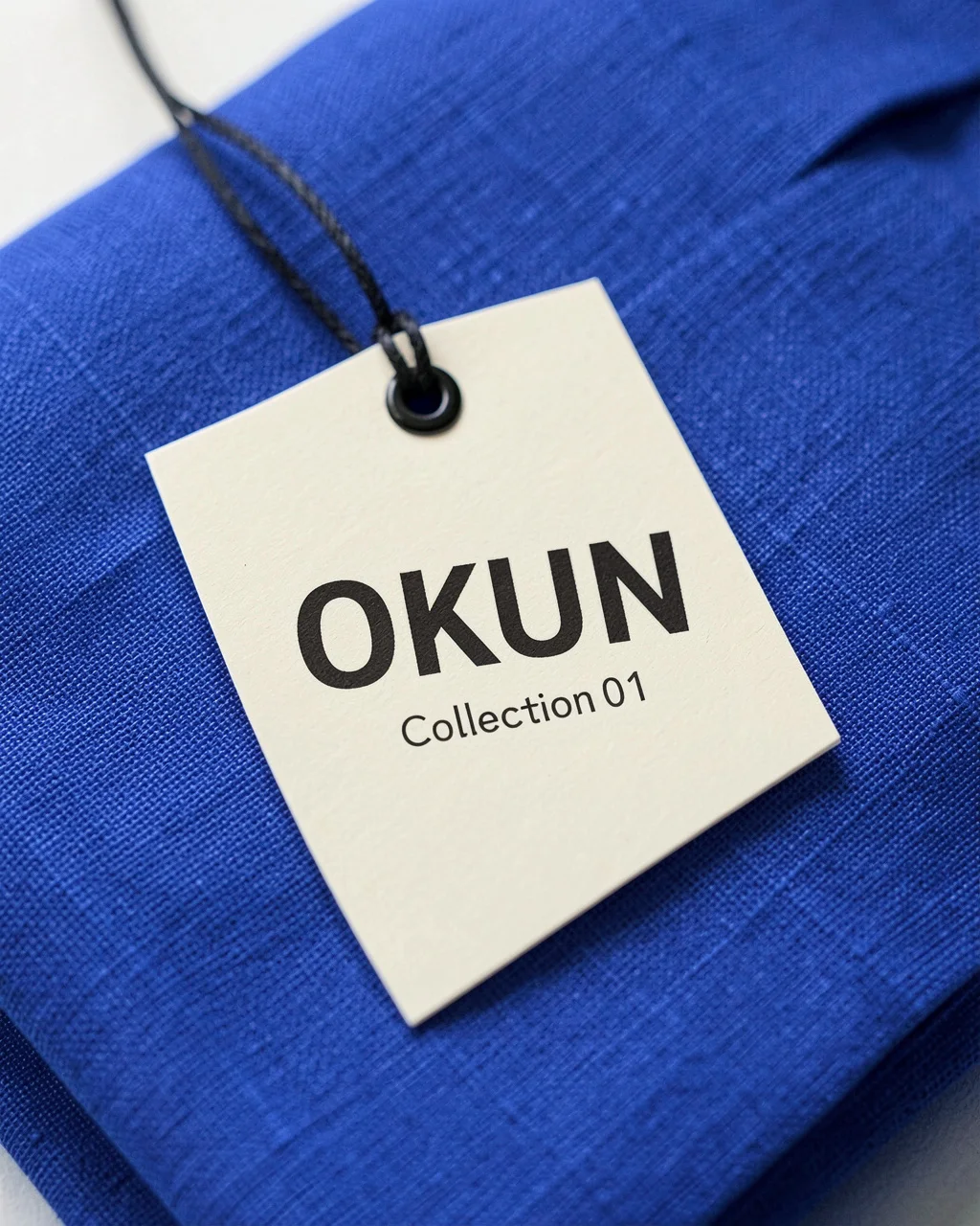 A cream Okun hang tag, Collection 01, on folded cobalt linen