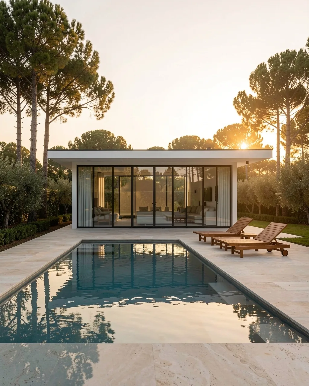 A glass-walled pool house behind a long pool, pines around it
