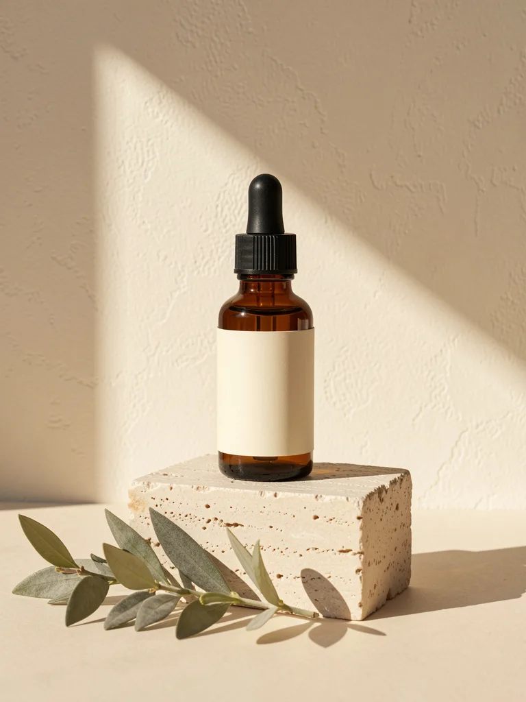 The camelina face oil in an amber dropper bottle on a stone block