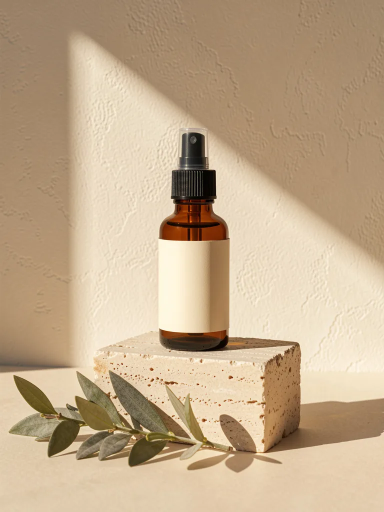 The calendula toner mist in an amber spray bottle on a stone block