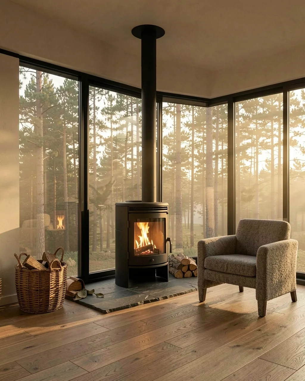 A black wood stove in front of tall windows onto pine trees