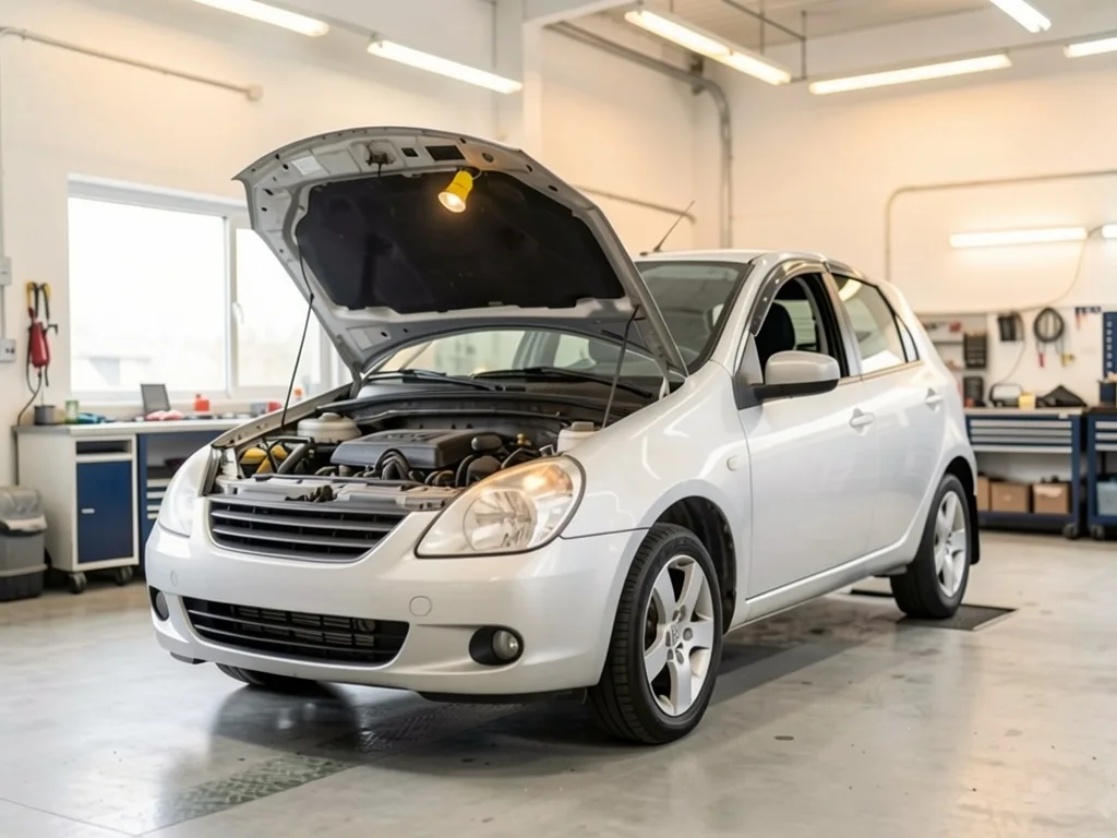 A silver hatchback with its hood up and a work lamp over the engine