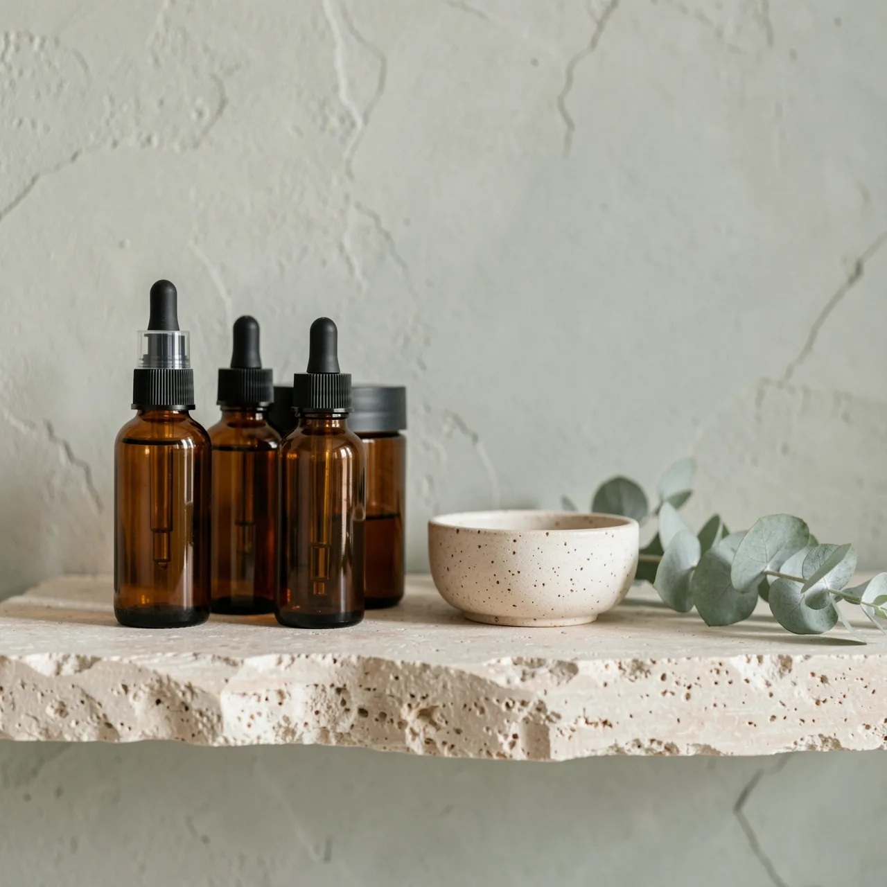 Amber dropper bottles, a jar and a speckled bowl on a limestone shelf
