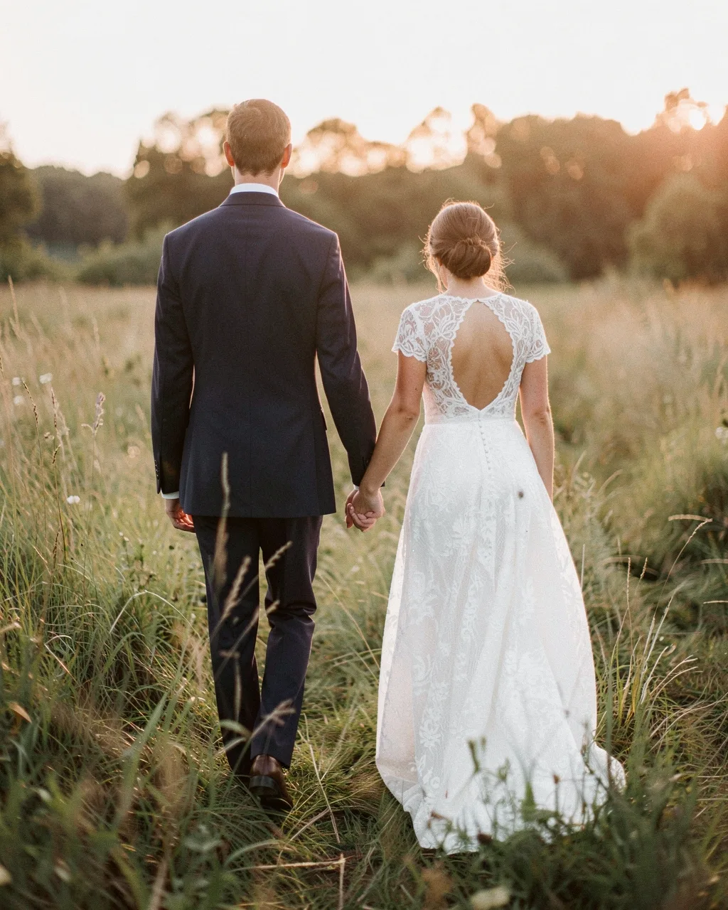 The couple seen from behind, walking into the evening light