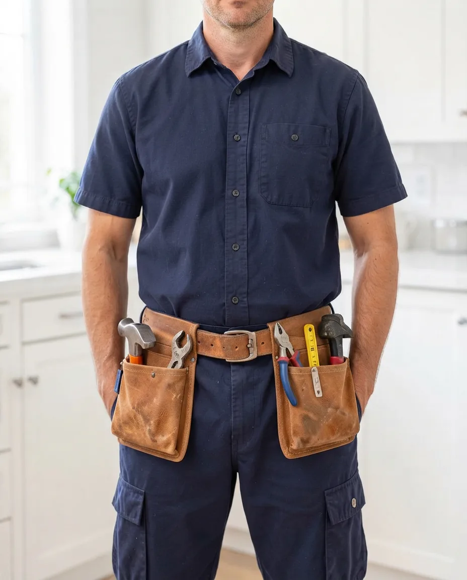 A plumber in navy work clothes with arms crossed and a leather tool belt