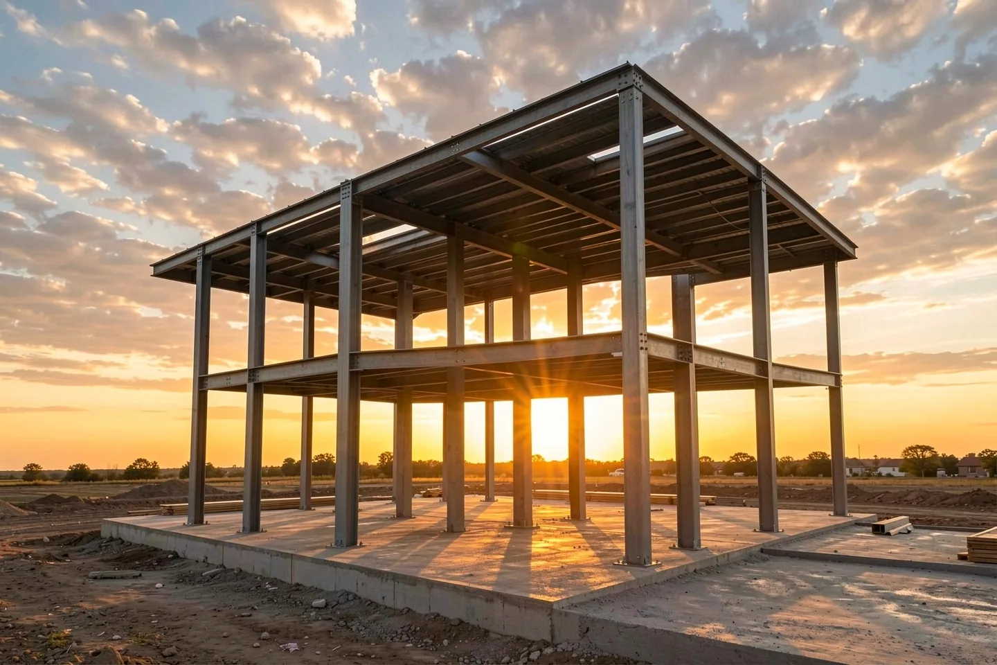 The steel frame of the Fairview medical building at sunset